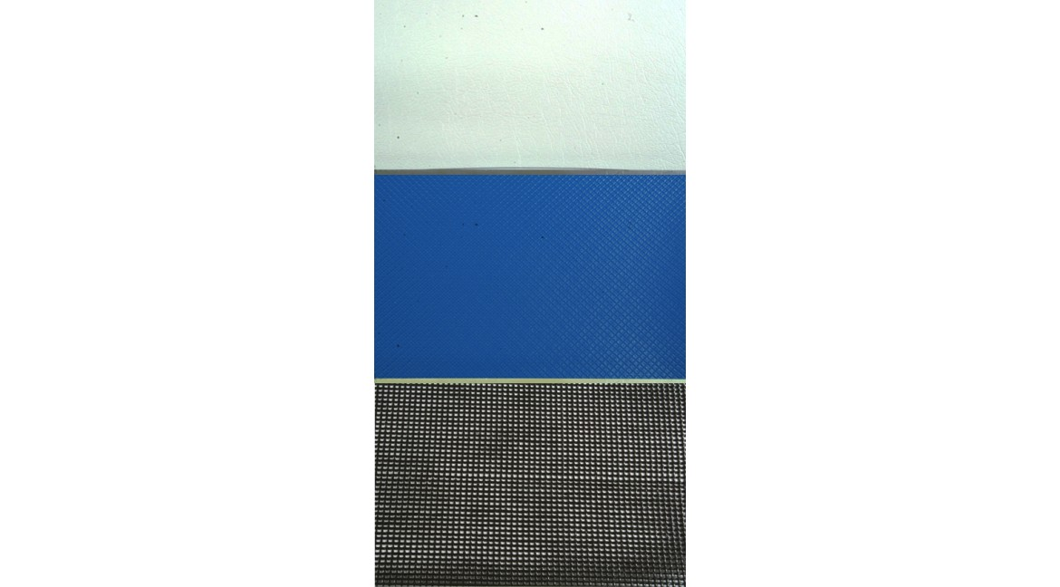 Nenuphar trampoline fabric samples: white leather-grain tarpaulin, blue anti-slip tarpaulin and black mesh