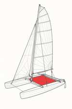 Schéma technique d'un catamaran montrant le trampoline, en rouge, tendu entre les deux coques
